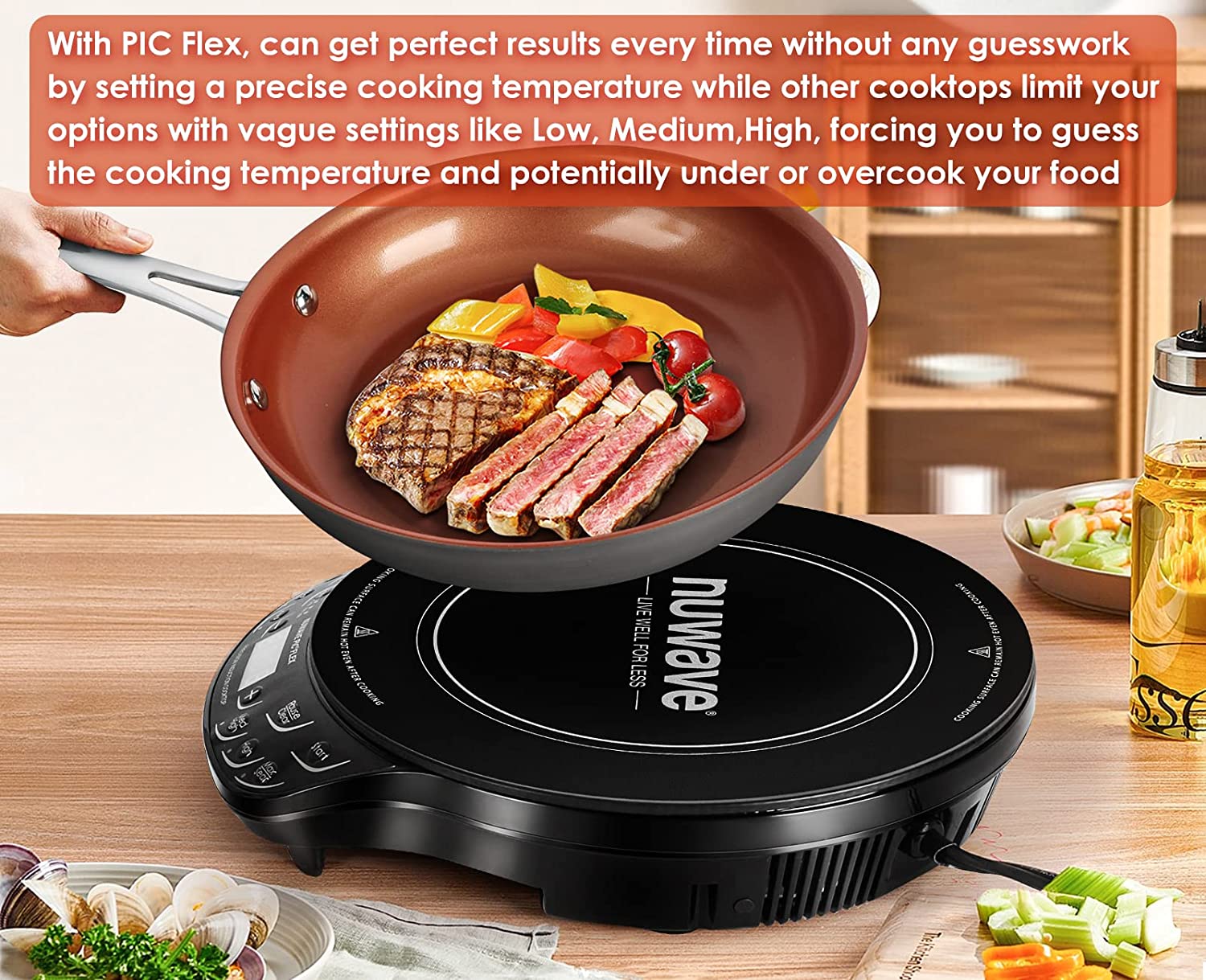 NUWAVE Flex Precision Induction Cooktop. Portable. Large 6.5 Heating Coil. Temperature from 100F to 500F. 3 Wattage Settings 600. 900. and 1300w