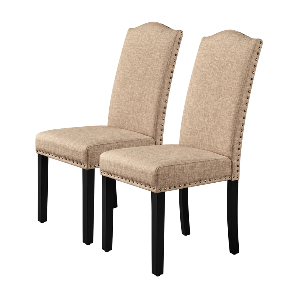Alden Design Tufted High Back Dining Chair with Solid Wood Legs. Set of 2. Khaki