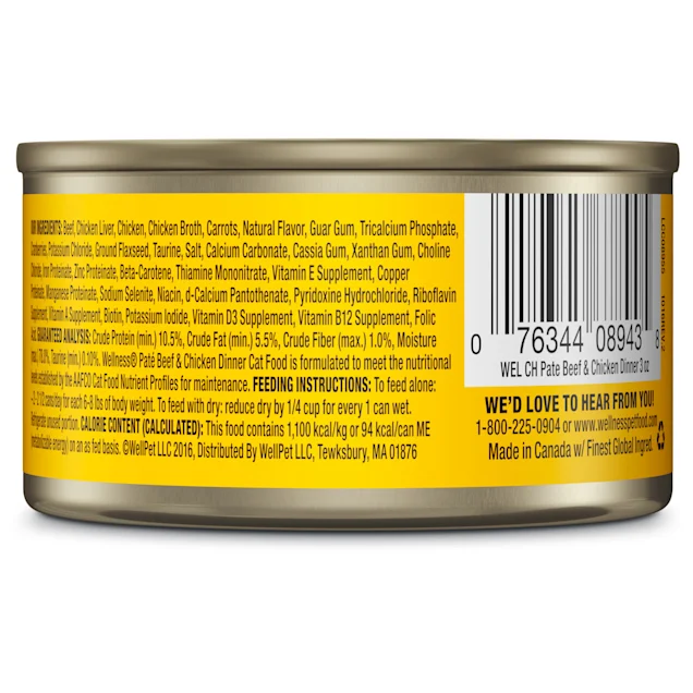 Wellness Complete Health Natural Grain Free Beef & Chicken Pate Wet Cat Food. 3 oz.. Case of 24