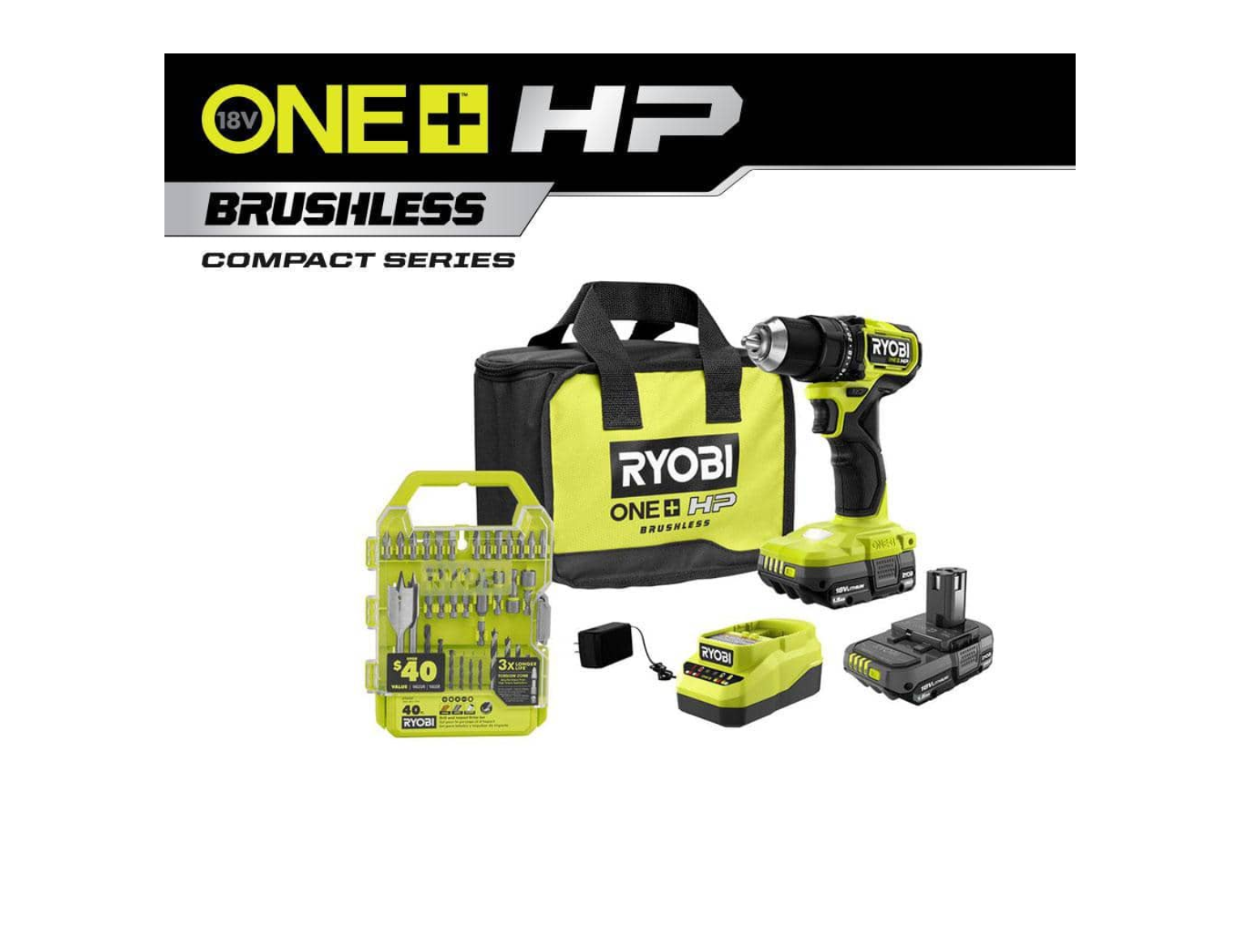 RYOBI PSBDD01K-A98401 ONE+ HP 18V Brushless Cordless Compact 1/2 in. Drill/Driver Kit with (2) 1.5 Ah Batteries. Charger. Bag. & 40PC Bit Set