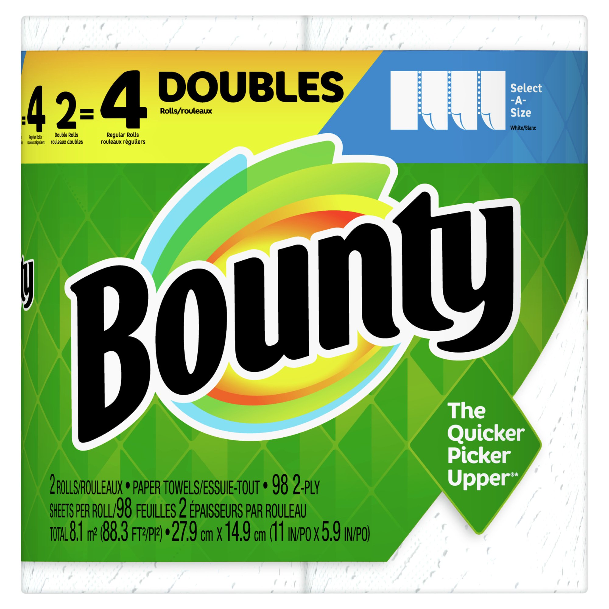 Bounty Select-A-Size 2-Ply Paper Towels. 11″ x 5-15/16″. White. 98 Sheets Per Roll. 2 Rolls Per Pack. Carton Of 12 Packs