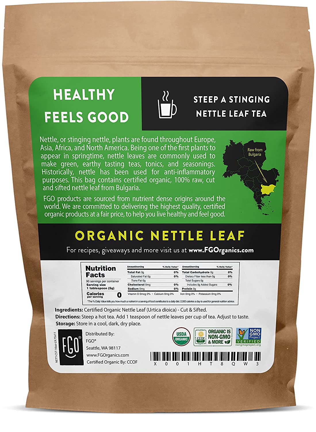 FGO Organic Nettle Leaf. Herbal Tea (200+ Cups) Cut & Sifted. 16oz Resealable Kraft Bag 100% Raw From Bulgaria