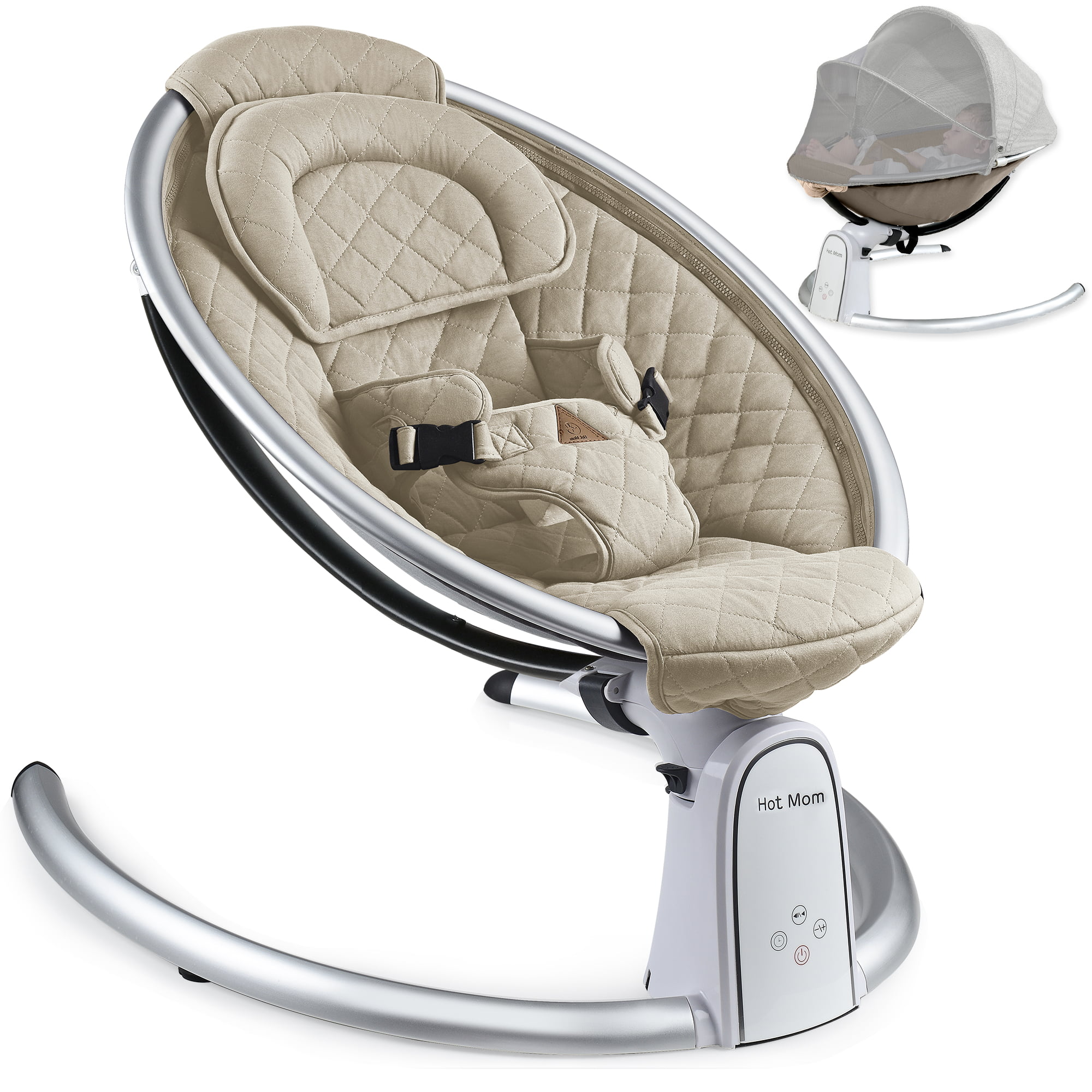 Hot Mom Electric Baby Bouncer. Bluetooth Baby Rocker with Intelligence Timing. Adjustable Seat Baby Bouncer for 0-12 Months. Beige
