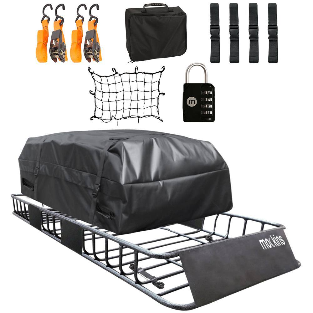 Mockins MA-34 250 lb. Roof Rack Basket with 16 CF Roof Bag - Roof Rack Cargo Basket Adjusts from 43-64 in. L x 39 in. W x 6 in. H