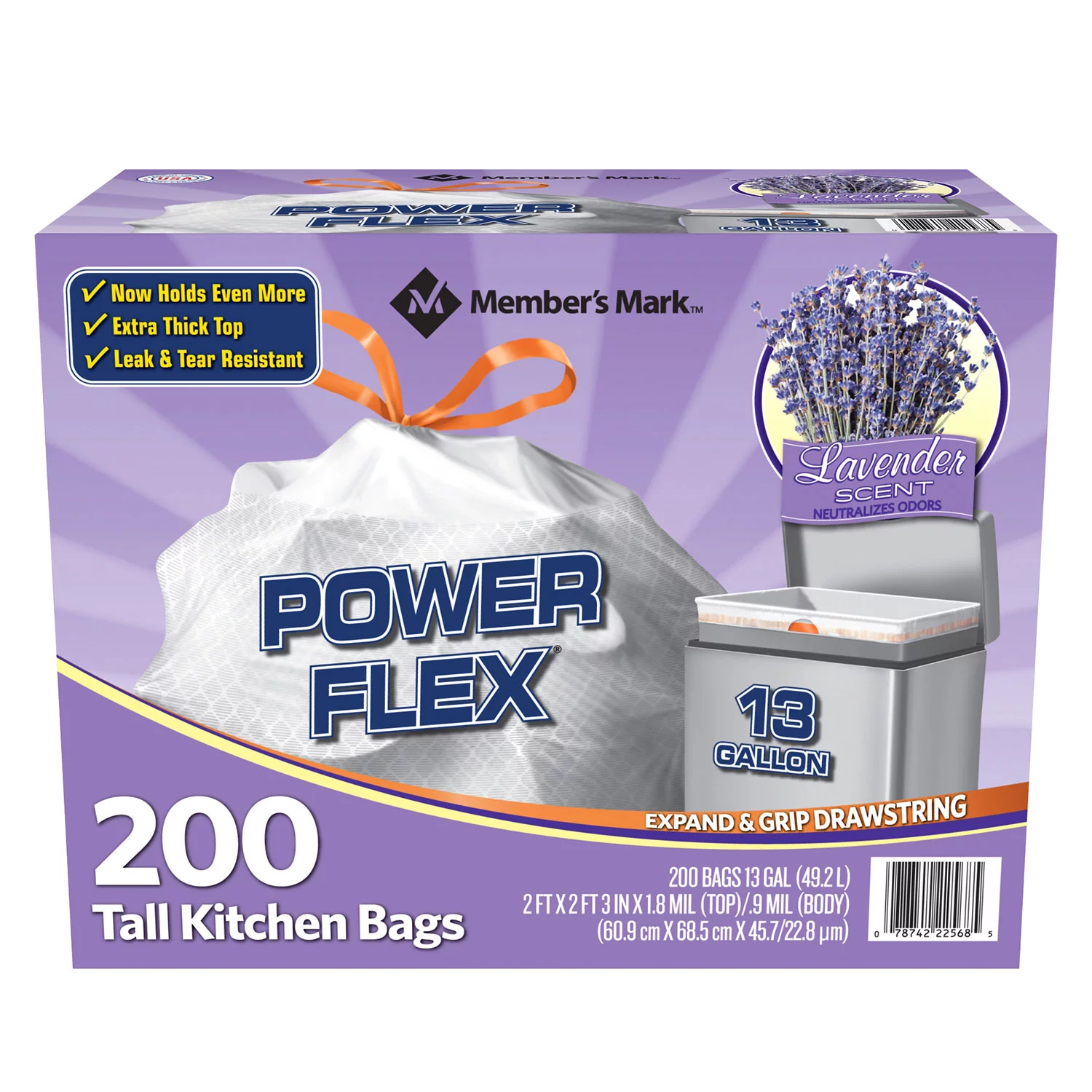 Member-s Mark Power Flex Tall Kitchen Drawstring Trash Bags. Lavender (13 gal.. 200 ct.)