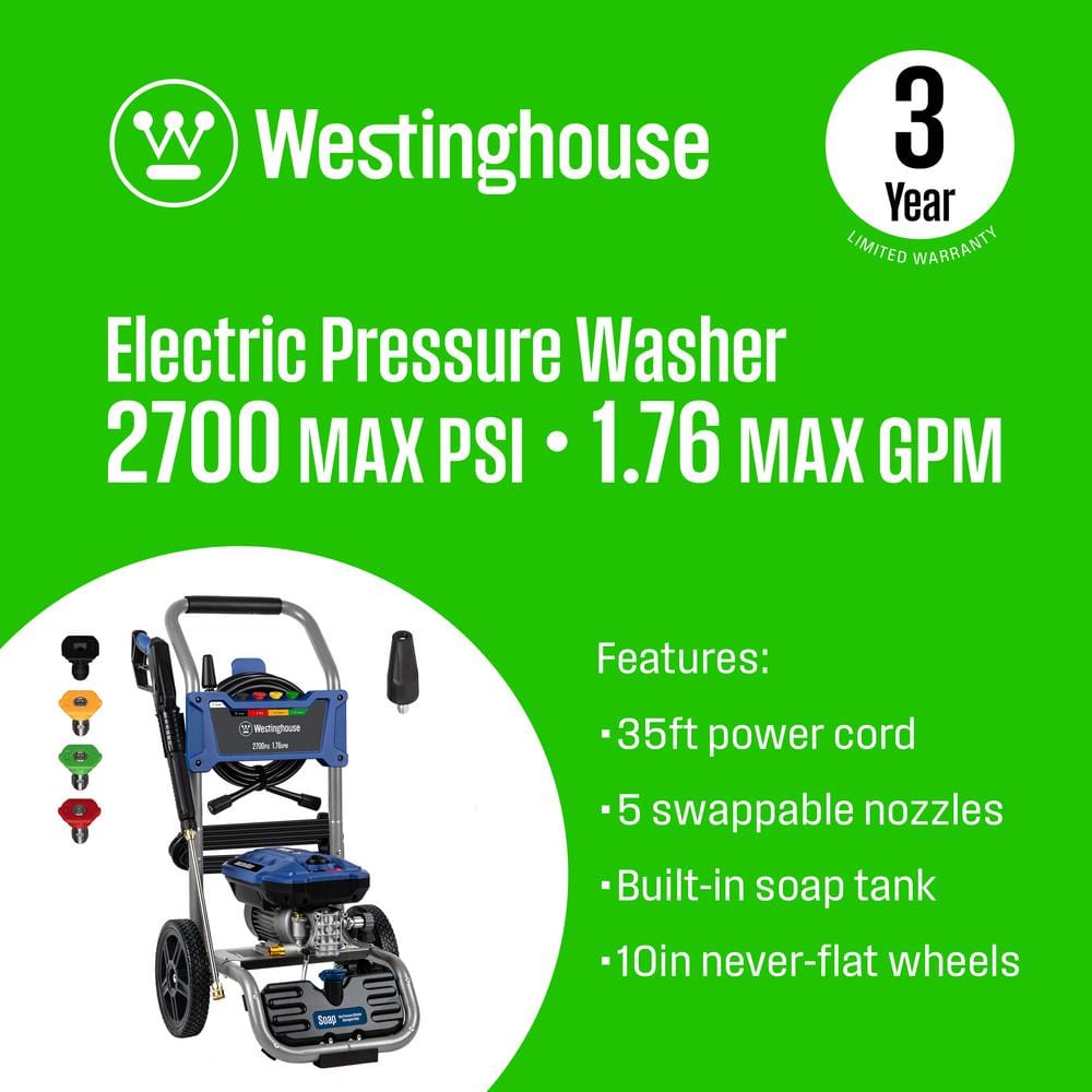 Westinghouse WPX2700e WPX2700e PSI 1.76 GPM 13 Amp Cold Water Electric Pressure Washer with Turbo Nozzle and Quick Connect Tips