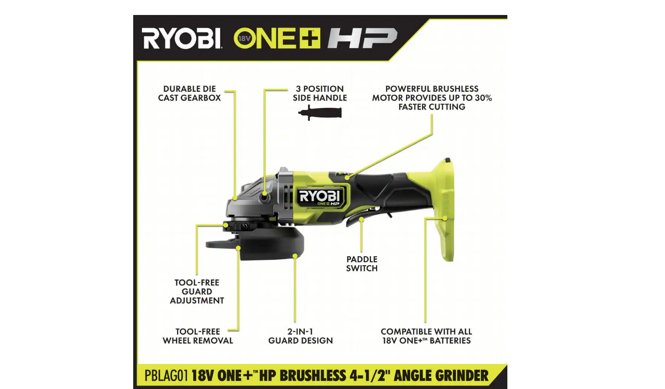 RYOBI PBLAG01B ONE+ HP 18V Brushless Cordless 4-1/2 in. Angle Grinder (Tool Only)