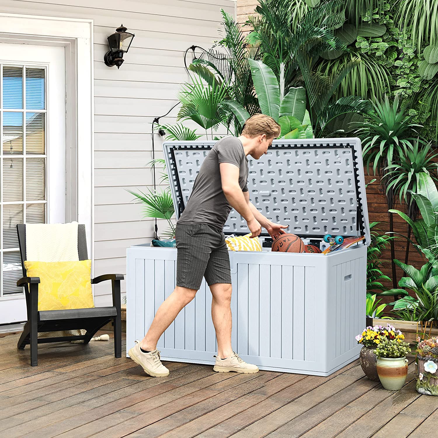 YITAHOME XL 150 Gallon Large Deck Box.Outdoor Storage for Patio Furniture Cushions.Garden Tools and Pool Toys with Flexible Divider.Waterproof.Lockable (Grayish-White)