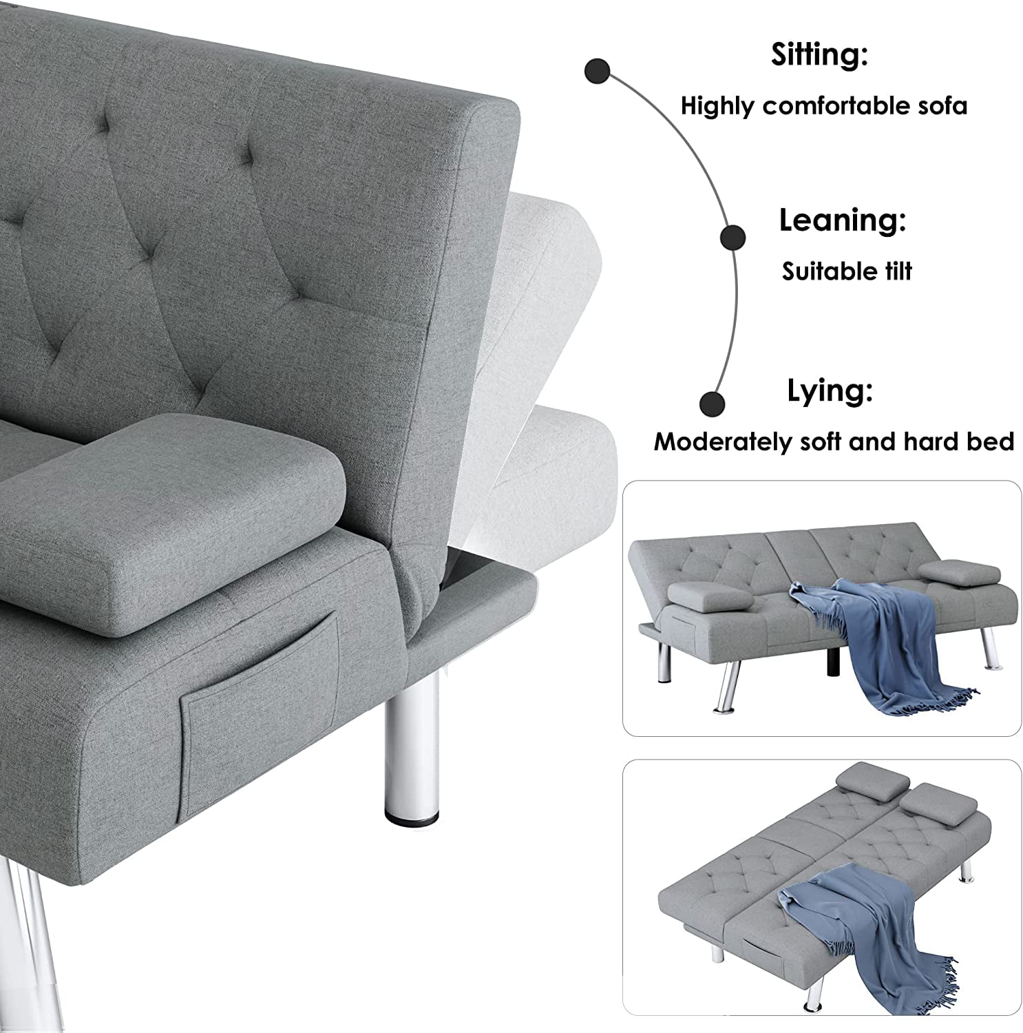 Homfa Convertible Futon Sofa Bed. 66.3” Upholstered Removable Armrests.Gray Finish