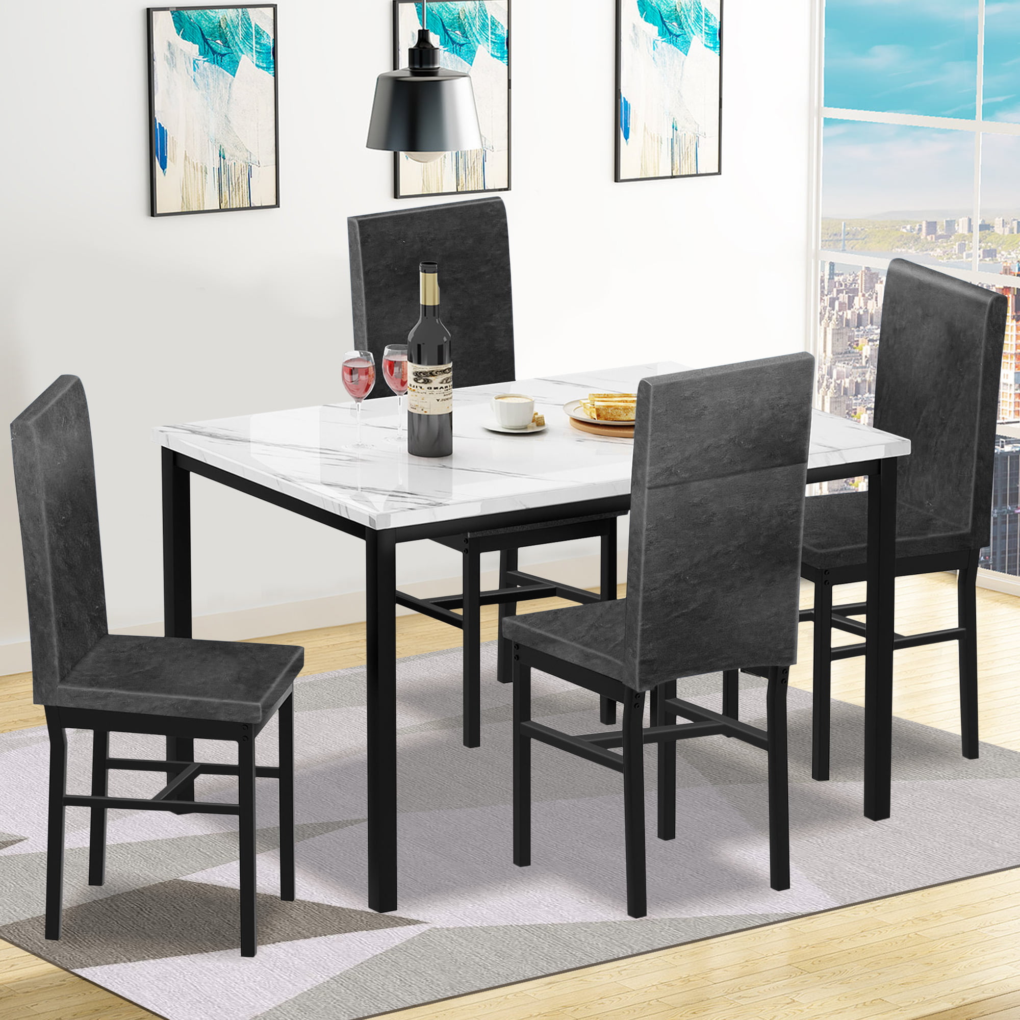 Syngar 5 Piece Dining Set. Modern Dining Table and Chairs Set for 4. Kitchen Dining Table Set with Faux Marble Tabletop and 4 Velvet Fabric Upholstered Chairs. for Small Space. Breakfast Nook. D9297