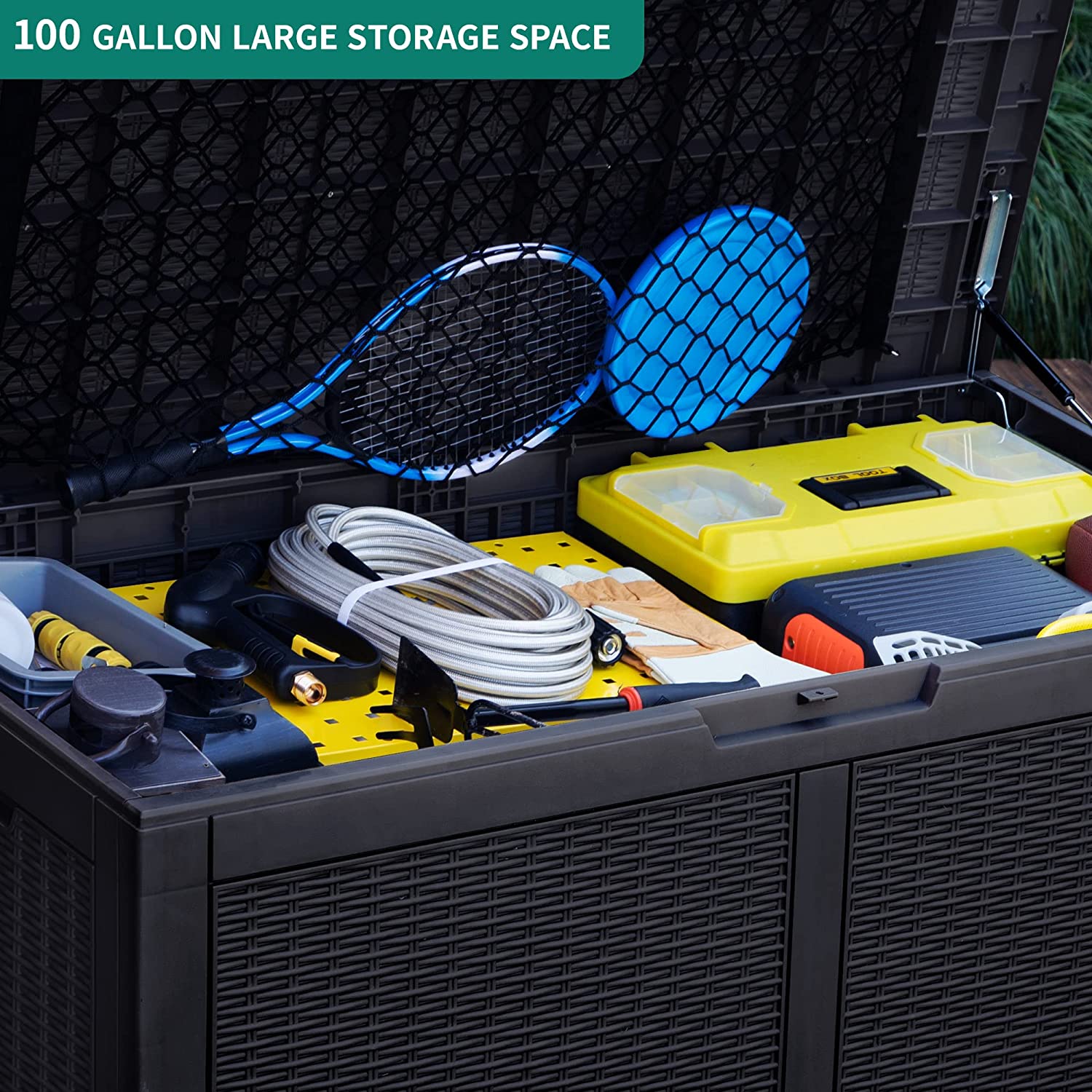 YITAHOME 100 Gallon Large Deck Box w/Storage Net. Resin Outdoor Storage Boxes. Waterproof Patio Cushion Storage Bench for Patio Furniture. Pool Supplies. Garden Tools- Rattan.Lockable (Black)