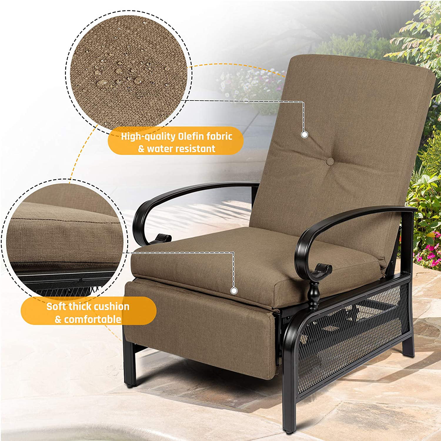 SUNCROWN Patio Recliner Outdoor Adjustable Lounge Chair Outdoor Metal Extendable Furniture Chair with Thick Cushion (Brown)