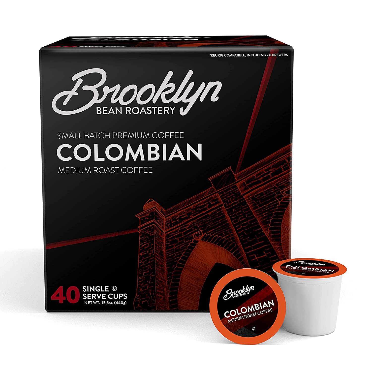 Brooklyn Beans Colombian Gourmet Coffee Pods. Compatible with 2.0 Keurig K Cup Brewers. 40 Count