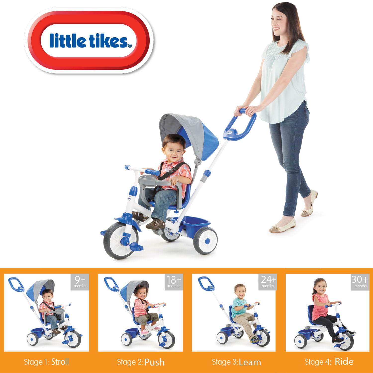 Little Tikes My First Trike 4-in-1 Trike in Blue. Convertible Tricycle for Toddlers with 4 Stages of Growth and Shade Canopy - for Kids Boys Girls Ages 9 Months to 3 Years Old