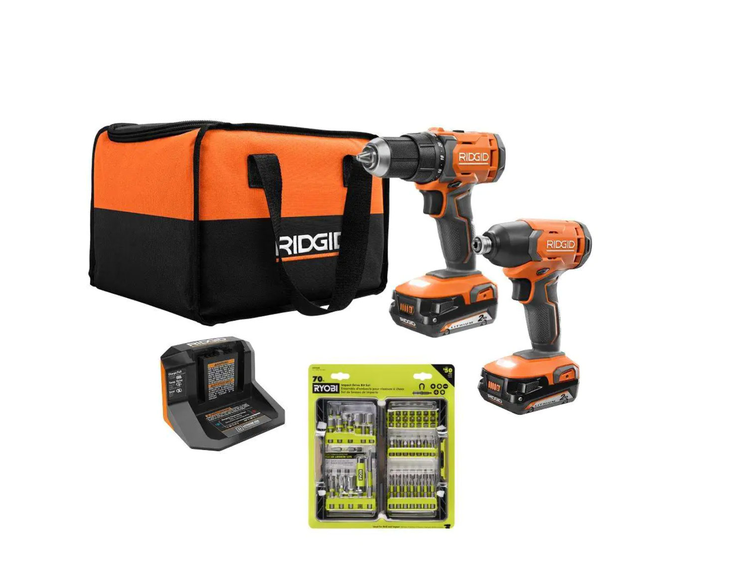 RIDGID R9272-AR2040 18V Cordless 2-Tool Combo Kit with Batteries. Charger. Bag and Impact Rated Driving Kit (70-Piece)
