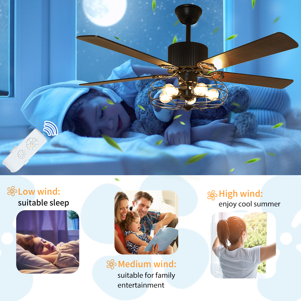 Depuley Remote 52” Caged Industrial 5 Blades Ceiling Fan with Light. Reversible Plywood Blades with Remote for Living Bedroom. Timing. 5 E26 Bulbs Not Incl