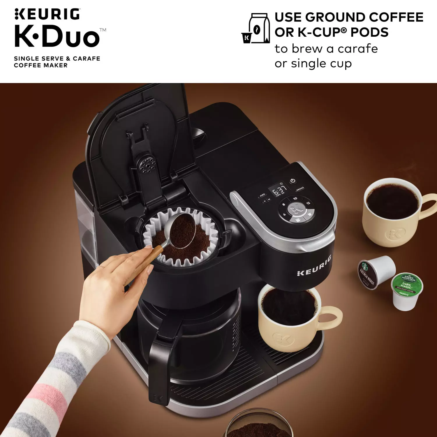 Keurig K-Duo Coffee Maker. Single Serve and 12-Cup Carafe Drip Coffee Brewer. Compatible with K-Cup Pods and Ground Coffee. Black