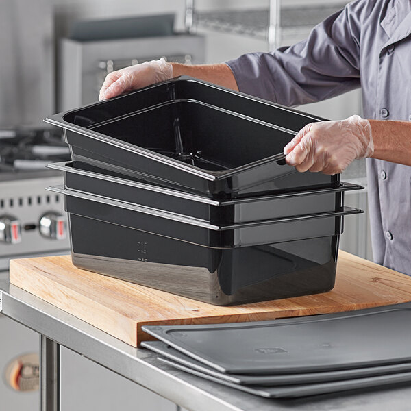 Vigor Full Size 6″ Deep Black Food Pan with Secure Sealing Cover - 3/Pack