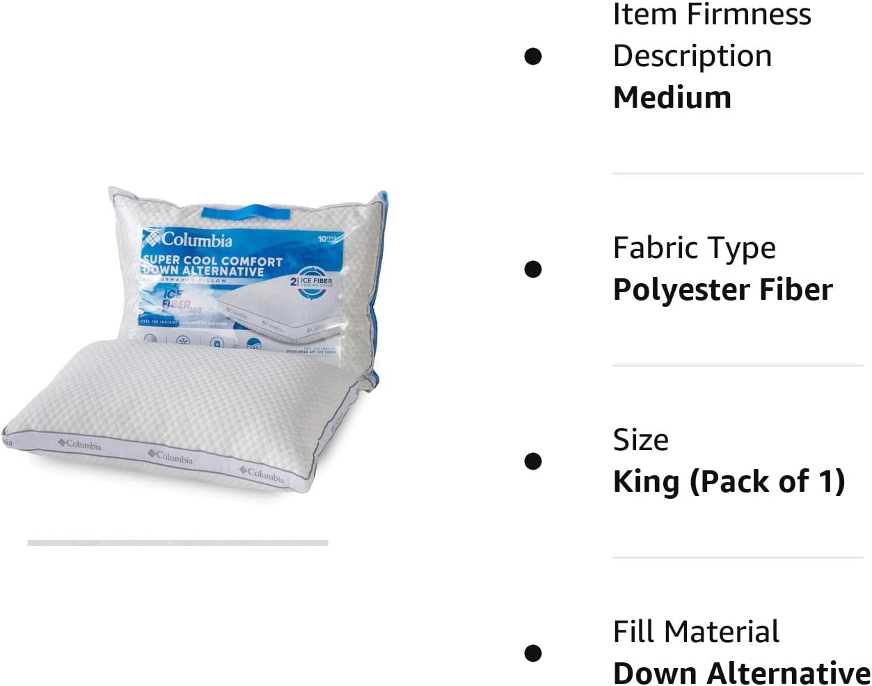 Columbia Comfort Ice Fiber Side Sleeper Down Alternative Bed Pillow - Instant Cooling 2 Sided Ice Fiber Cover - Supportive and Cozy Polyester Fiber Fill - Side Sleeper. King