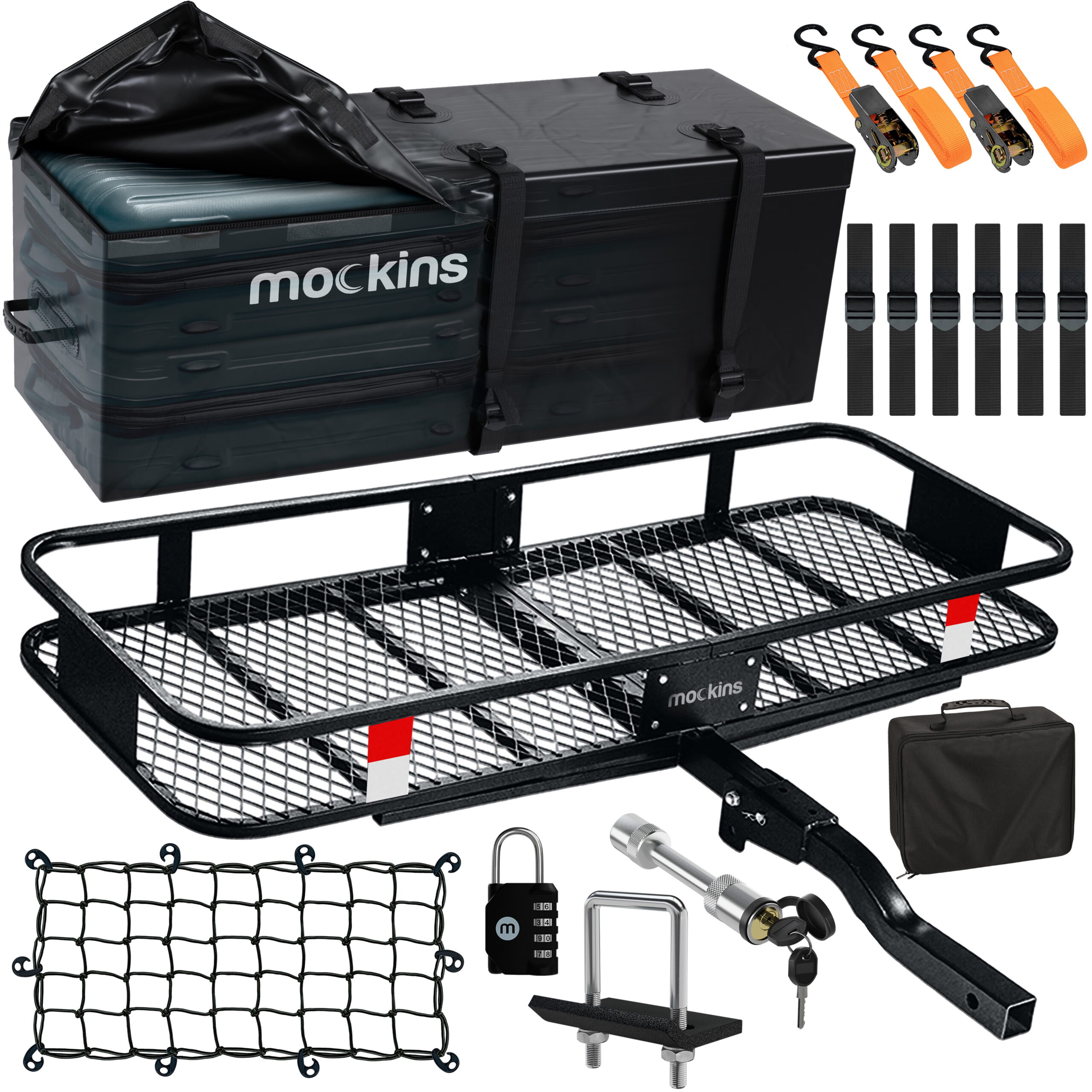 Mockins Car Hitch Cargo Carrier - 500 lbs. Cargo Basket Capacity. 16 CF Cargo Bag + Accessories | 2″ Hitch Receiver