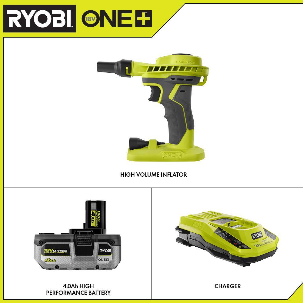 RYOBI P738-PSK004 ONE+ 18V Cordless High Volume Power Inflator with HIGH PERFORMANCE 4.0 Ah Battery and Charger Kit