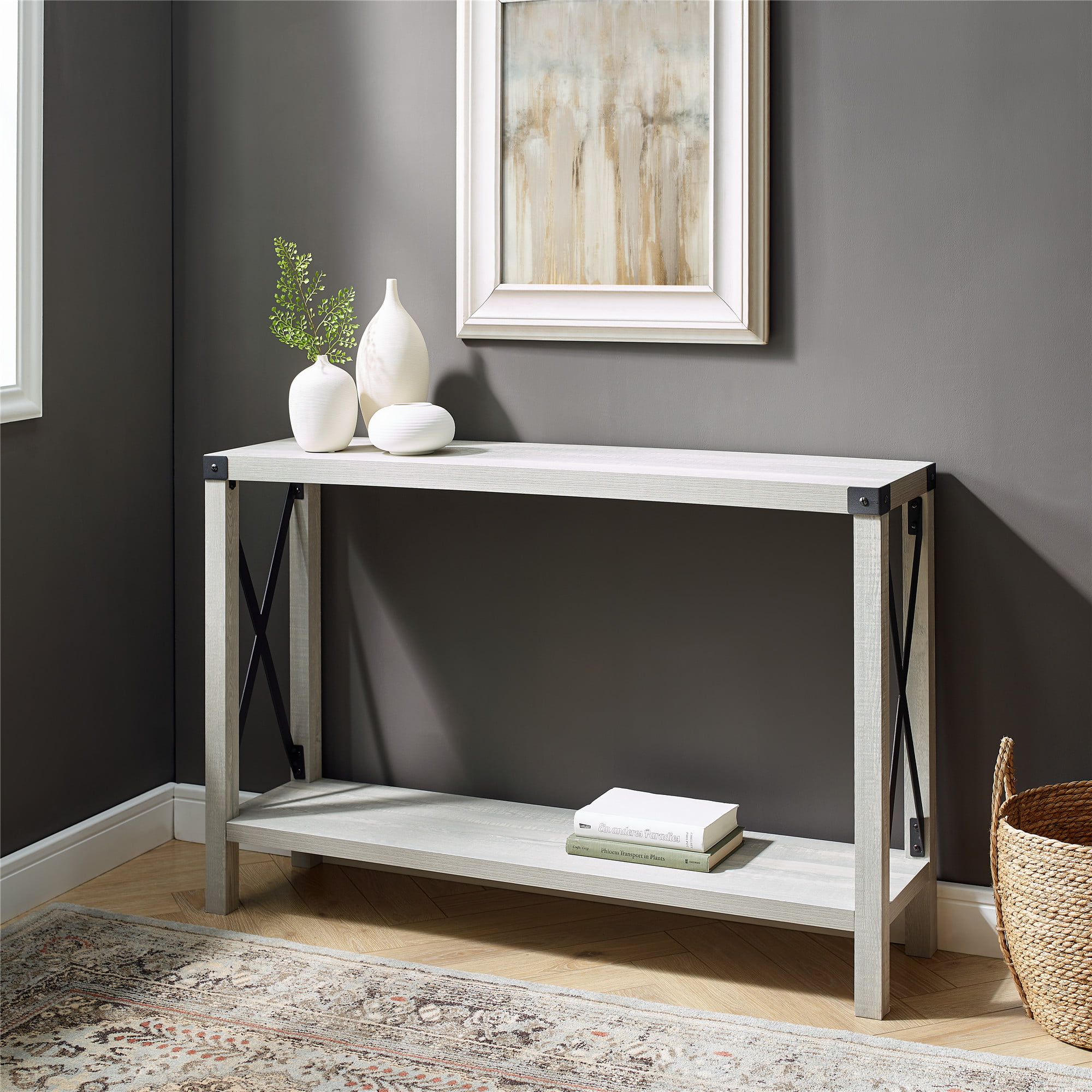 Woven Paths Magnolia Metal X Console Table. Stone Grey