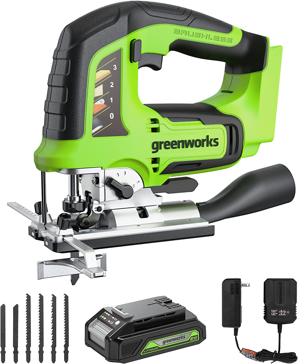 Greenworks 24V Brushless Jig Saw 3.000 SPM 6 Piece Blade Set (4 Wood Blades / 2 Metal) with 2Ah Battery & Adaptor Charger