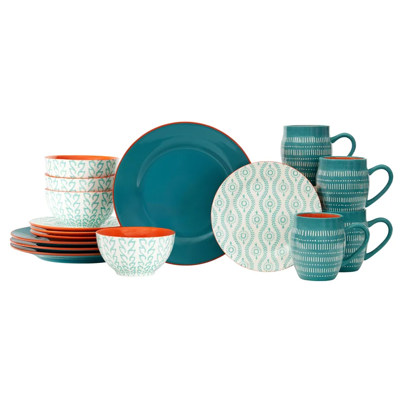 BAUM Essex - Dinnerware Sets. 16 Piece Dish Set for 4. Beautiful Home Decor includes Dinner Plates. Salad Plates. Bowls. and Mugs (Sahara Turquoise) (TTANGT16)
