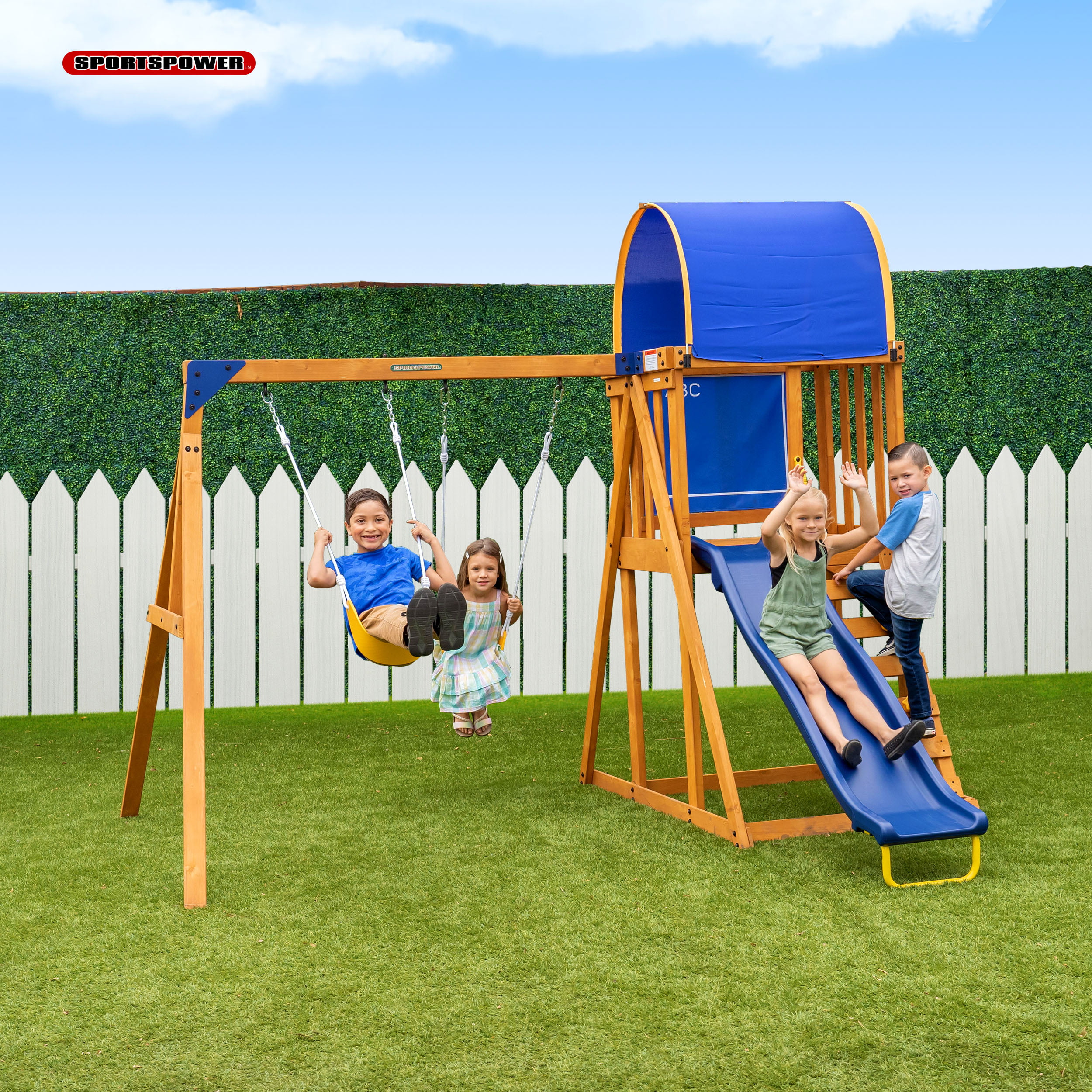 Sportspower Addison Wooden Swing Set with Heavy Duty Double A-Frame & 6′ Double Wall Slide