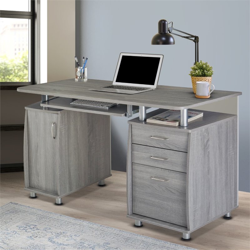 Pemberly Row 48″W Wood Computer Desk with Storage in Gray