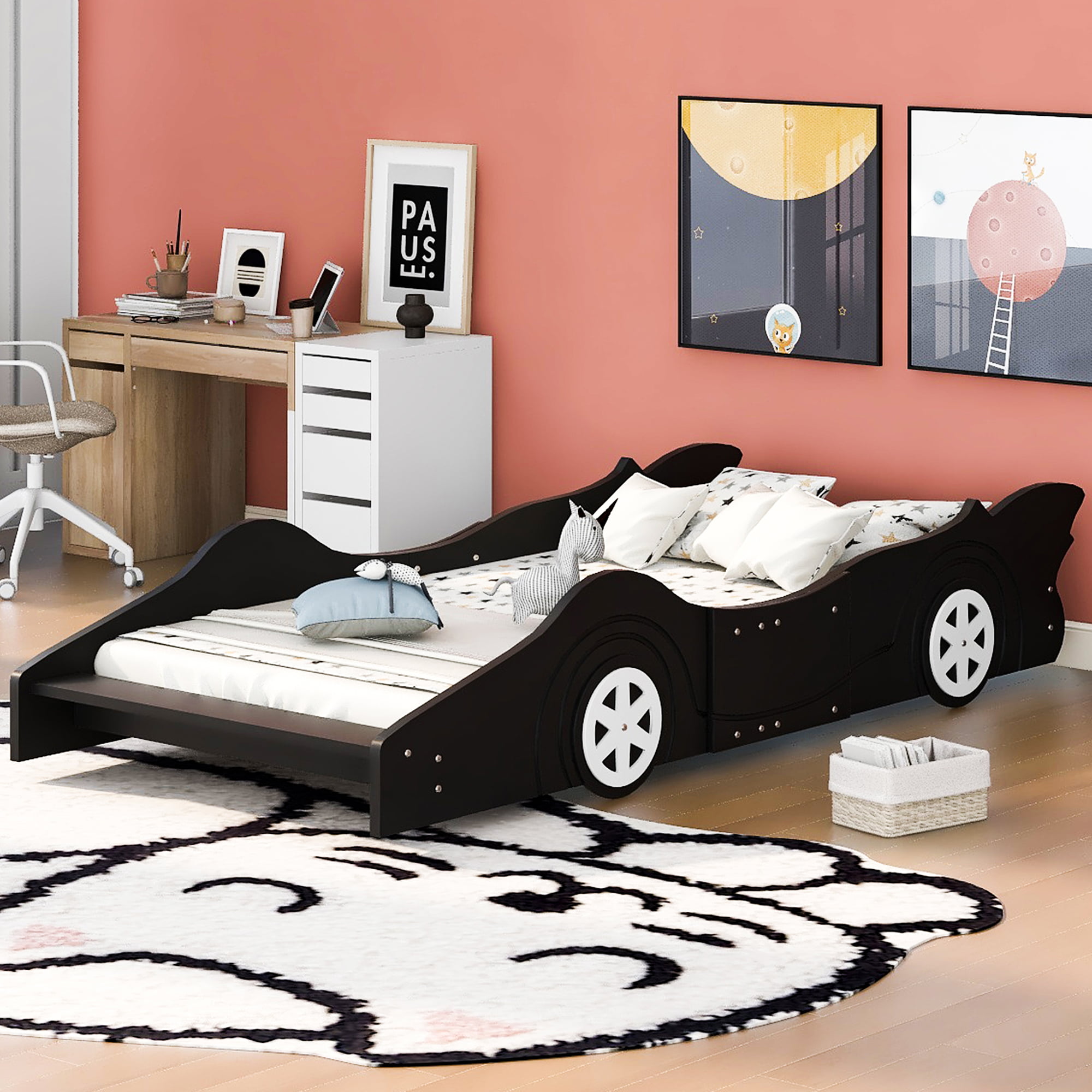 HSUNNS Twin Size Kids Race Car-Shaped Platform Bed with Wheels. Wooden Black