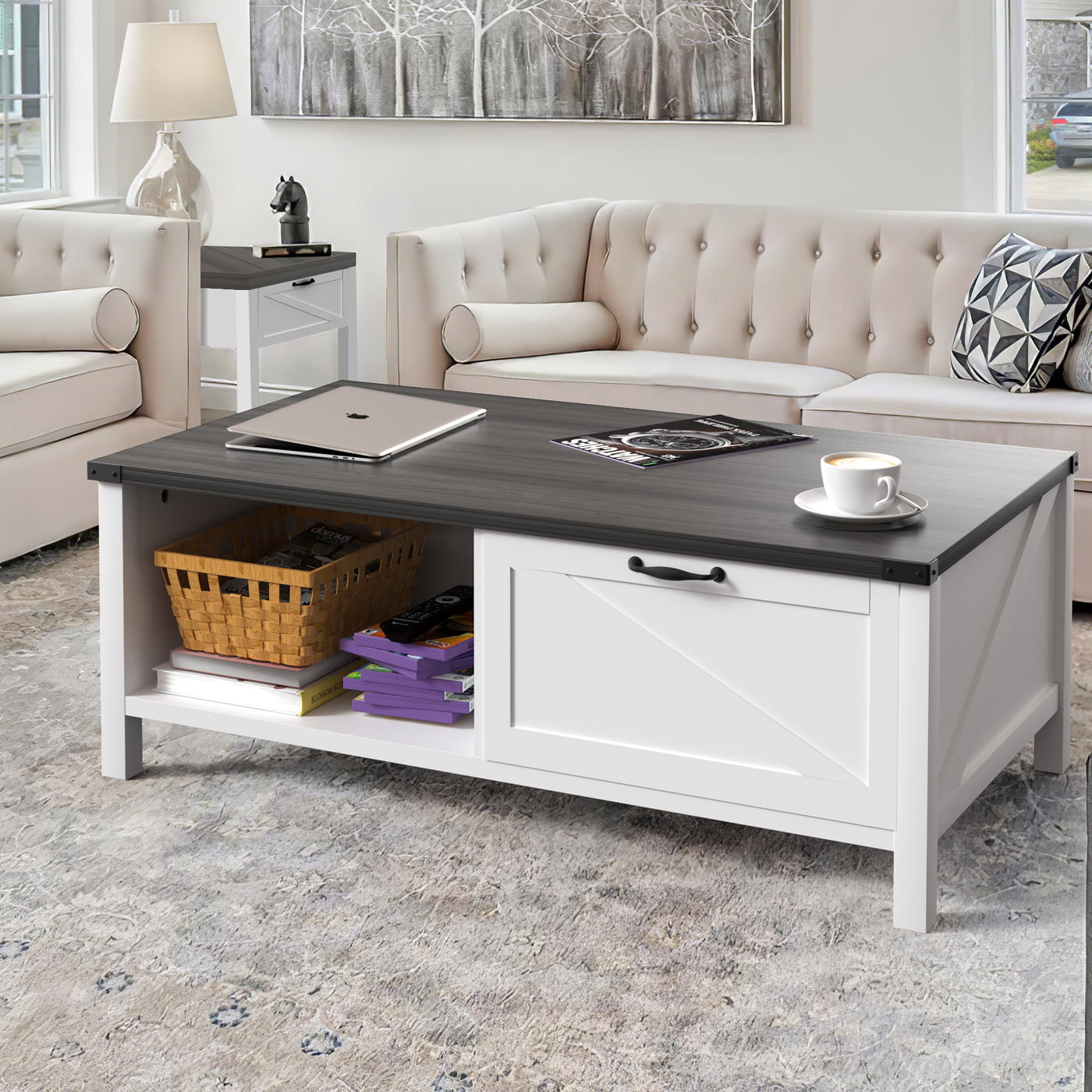YITAHOME Coffee Table with Storage. Wood Coffee Tables. with Half Open Storage Table. Farmhouse Coffee Tables for Living Room. White & Gray