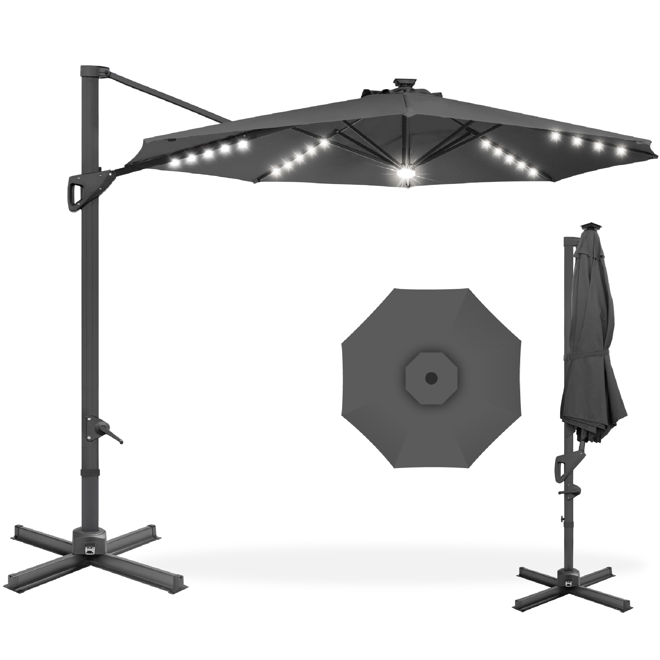 Best Choice Products 10ft 360-Degree Solar LED Cantilever Patio Umbrella. Outdoor Hanging Shade w/ Lights - Gray