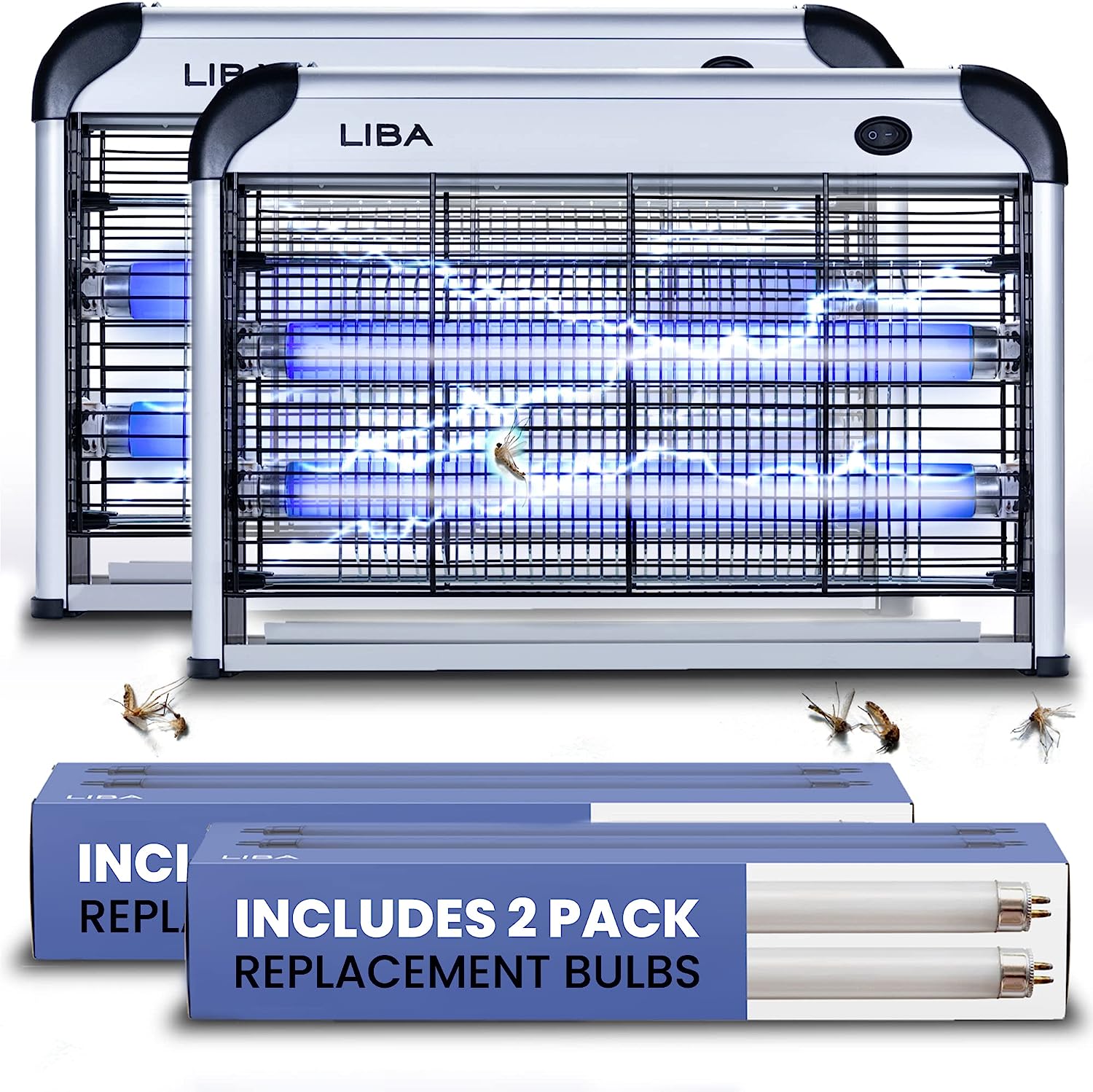 LiBa Electric Bug Zapper (2-Pack) Indoor Insect Killer - (4) Extra Replacement Bulbs - Fly. Mosquito Killer and Repellent - Lightweight. Powerful 2800V Grid. Easy-to-Clean. Removable Washable Tray.