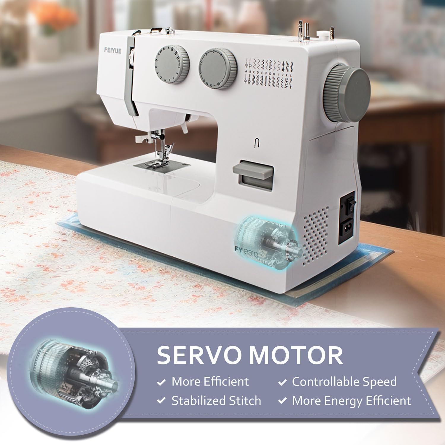 FEIYUE FYe310. Sewing Machine with Accessory Kit. 105 Stitch Applications. 100W Servo Motor. Heavy Duty Interior Metal Frame. Dual LED Lights. Easy to Use (White)