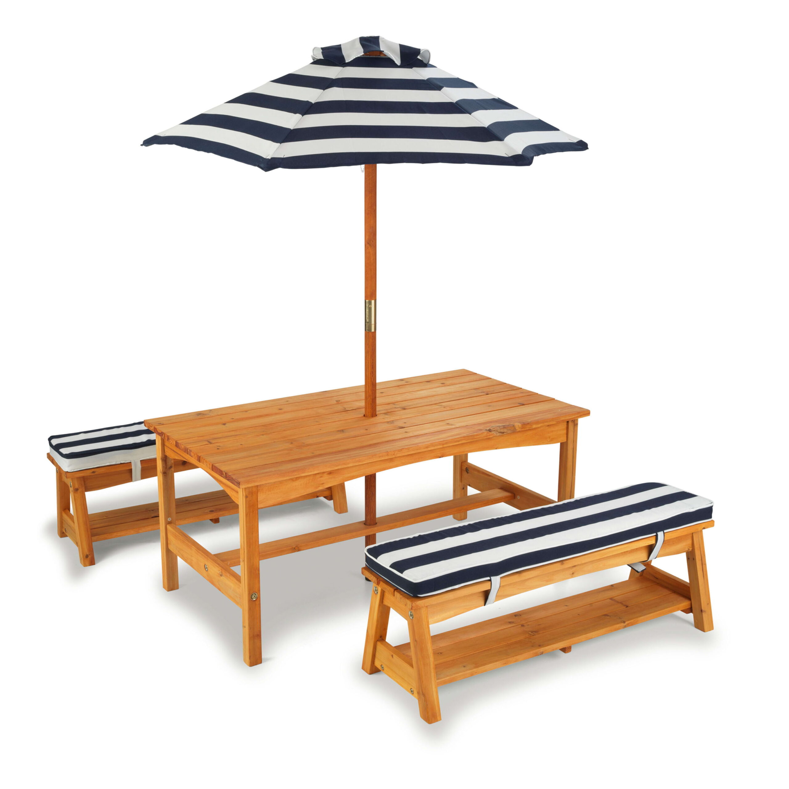 KidKraft Outdoor Wooden Table & Benches with Cushions & Umbrella. Navy