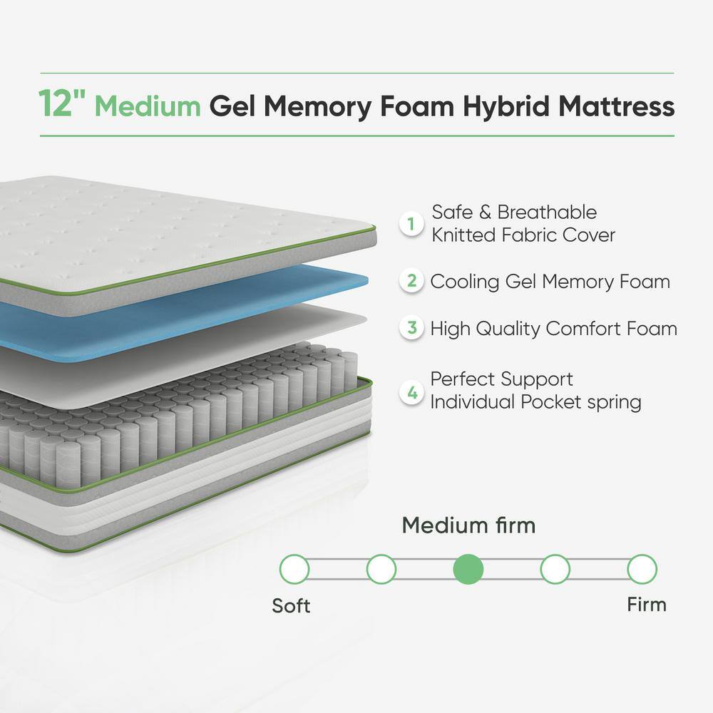 Novilla  12 in. Medium Gel Foam and Innerspring Mattress. Tight Top California King Size Mattresses