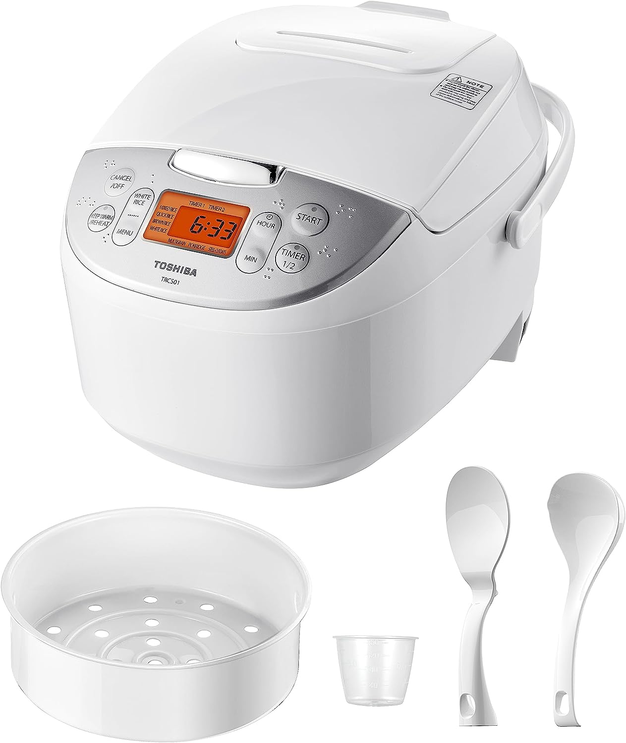Toshiba Rice Cooker 6 Cup Uncooked – Japanese Rice Cooker with Fuzzy Logic Technology. 7 Cooking Functions. Digital Display. 2 Delay Timers and Auto Keep Warm. Non-Stick Inner Pot. White