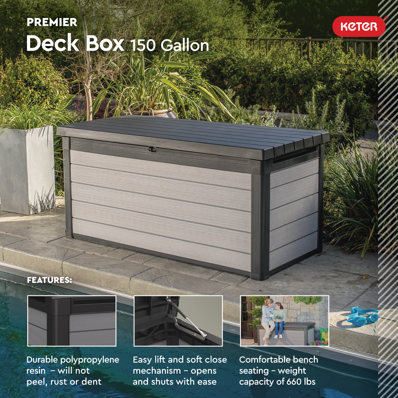 Keter Premier Outdoor 150 Gallon Wood and Resin Deck Box. Black and Gray