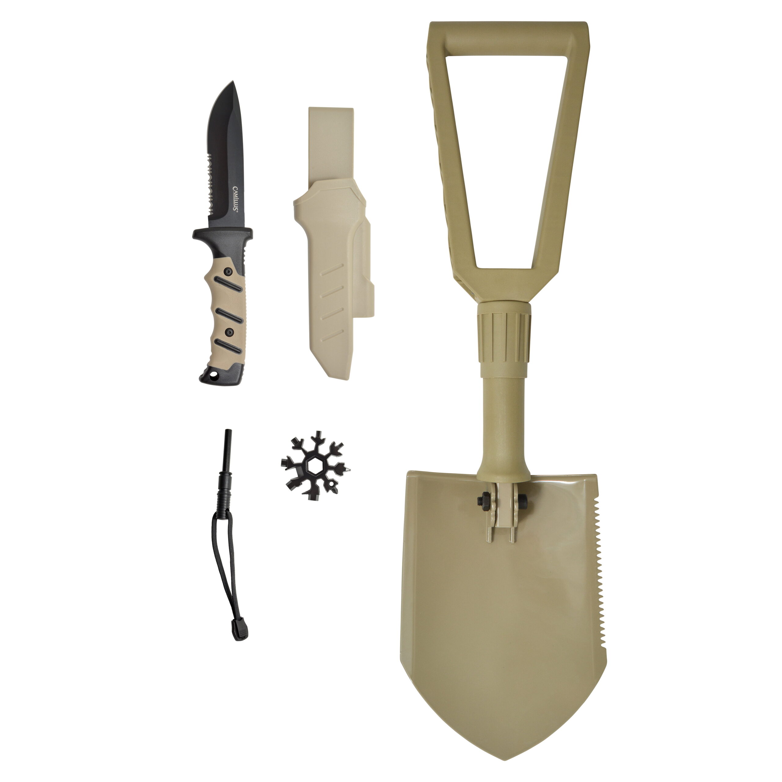 Camillus Adventure Pack. 4.88″ Drop-Point Knife and Sheath. with Foldable Shovel. Firestarter and 18-Multi-Tools