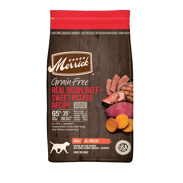 Merrick Grain Free Real Bison. Beef & Sweet Potato Recipe Dry Dog Food. 10 lbs.