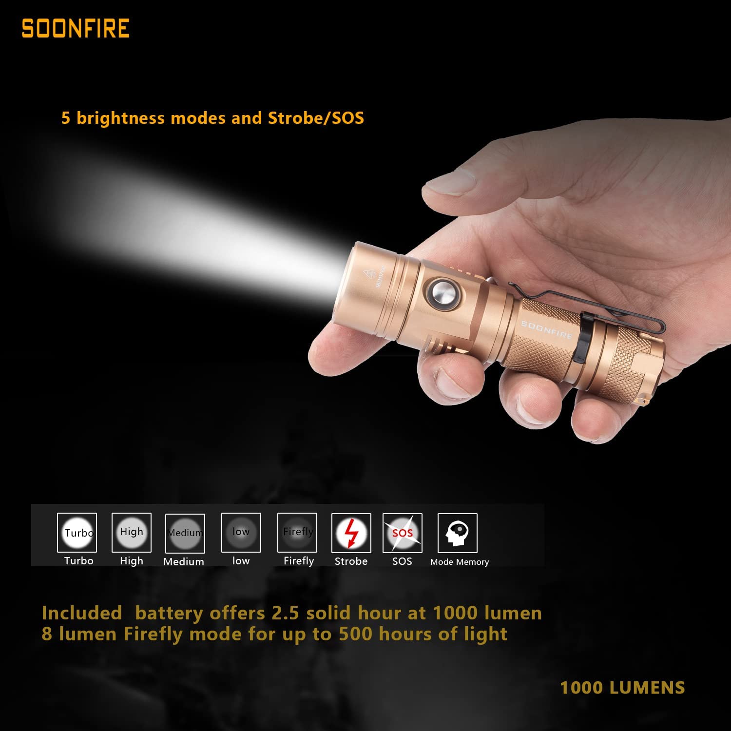 Soonfire Cree LED 1000 Lumens Flashlight. Rechargeable Waterproof Compact EDC Law flashlights. Gold