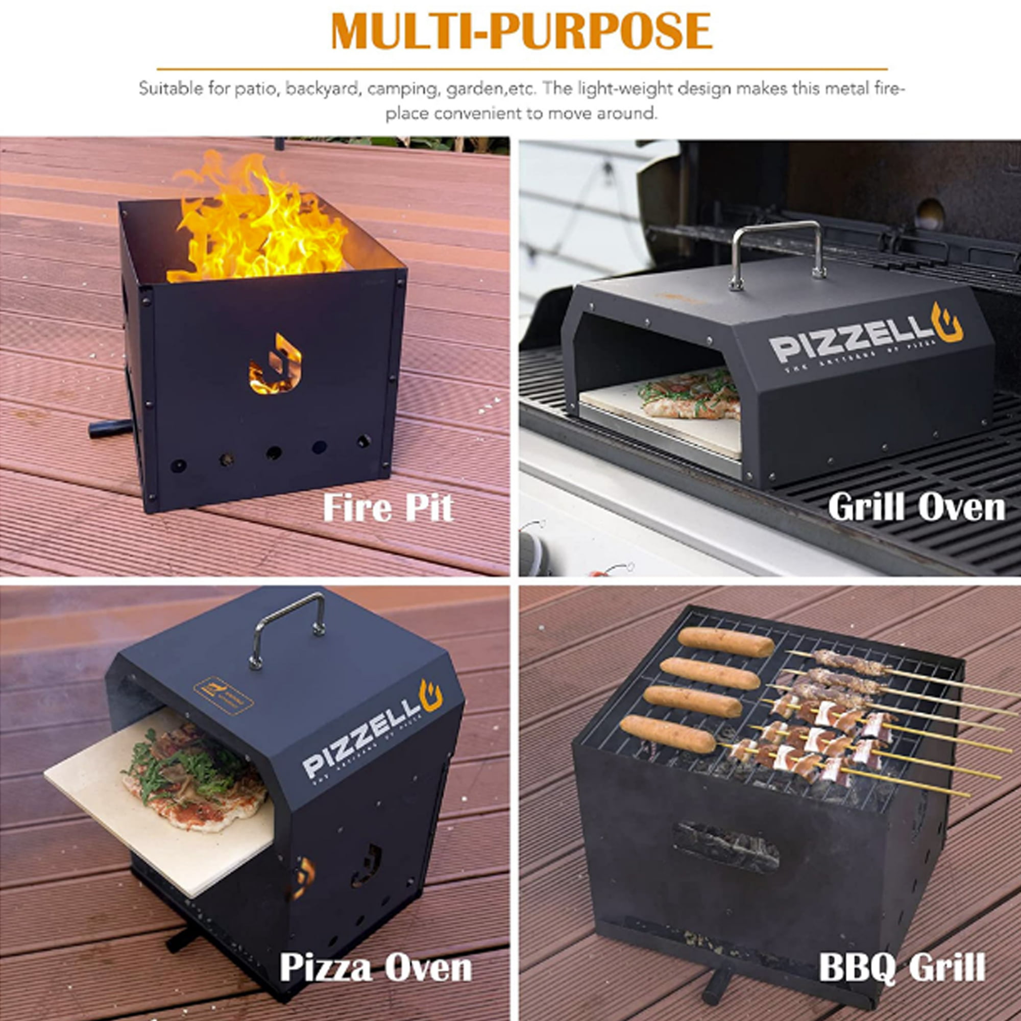 PIZZELLO Outdoor Pizza Oven Wood Burning 2-Layer Detachable Portable with Stone. Cover. Peel. Cooking Grill Grate - Black