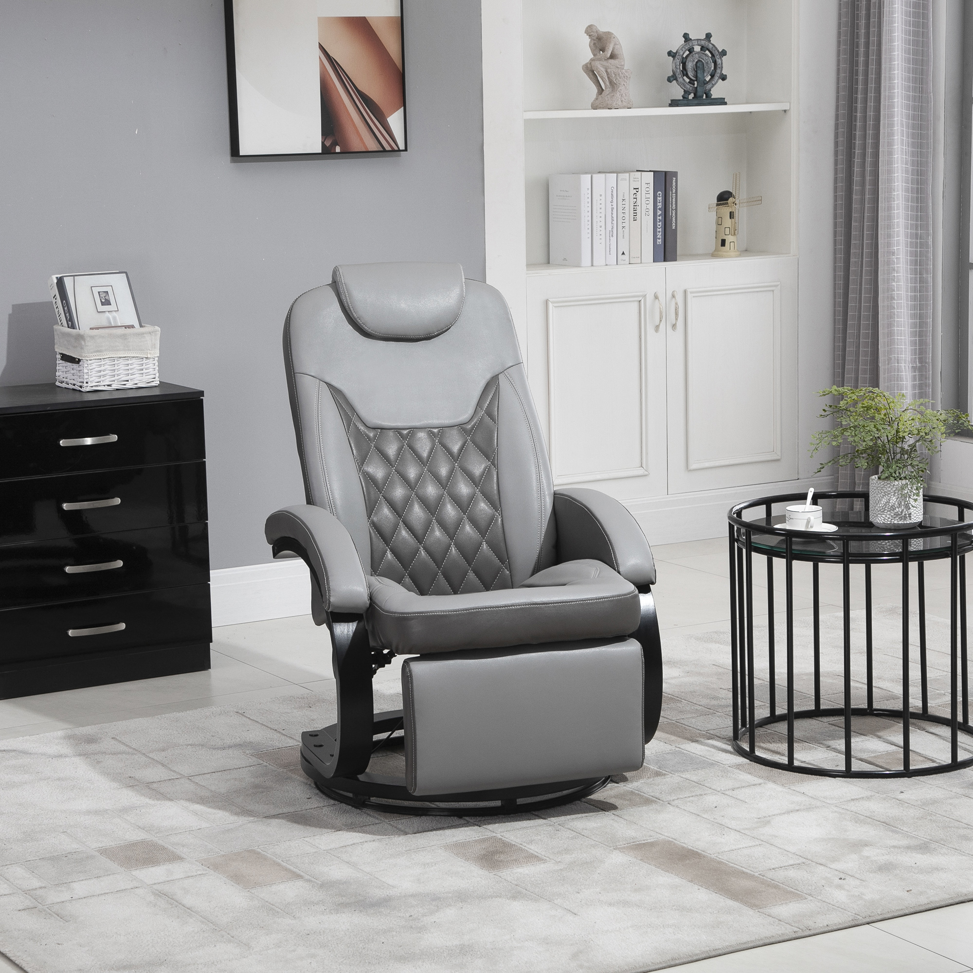 HOMCOM PU Recliner Armchair with Footrest. Headrest. and Round Steel/Wood Base