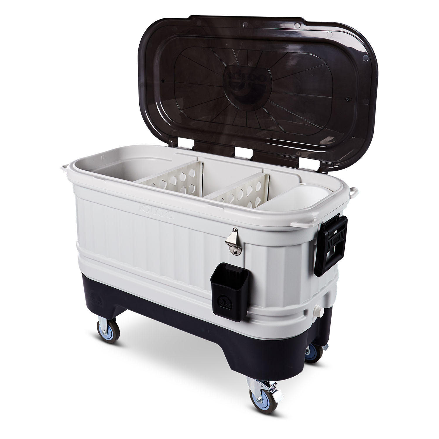 Igloo 125 Qt Party Bar Rolling Cooler with Bottle Opener and Catch Bins
