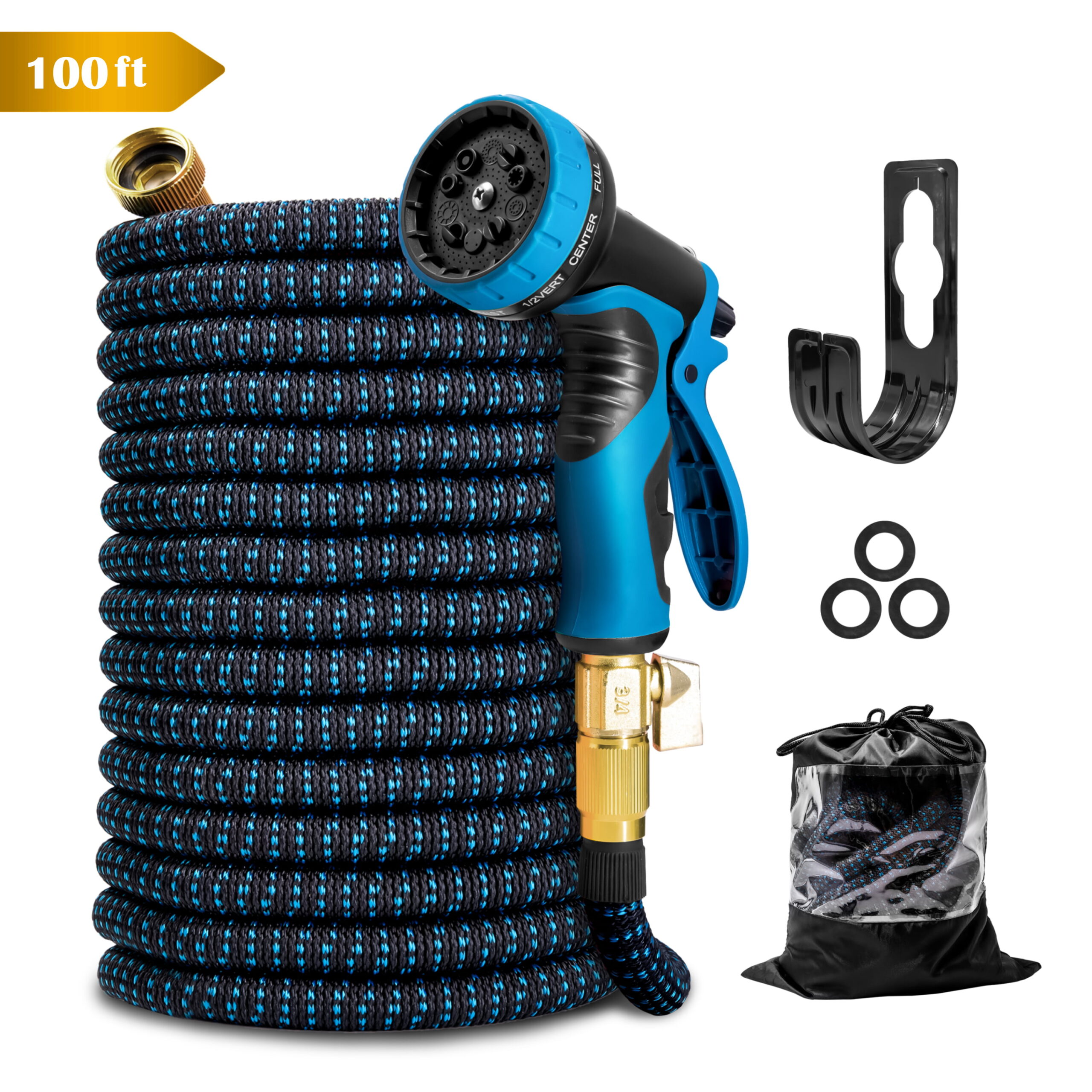 Expandable Garden Hose 100ft. 10 Spray Nozzles. Solid Brass Connector. Lightweight No-Kink Flexible