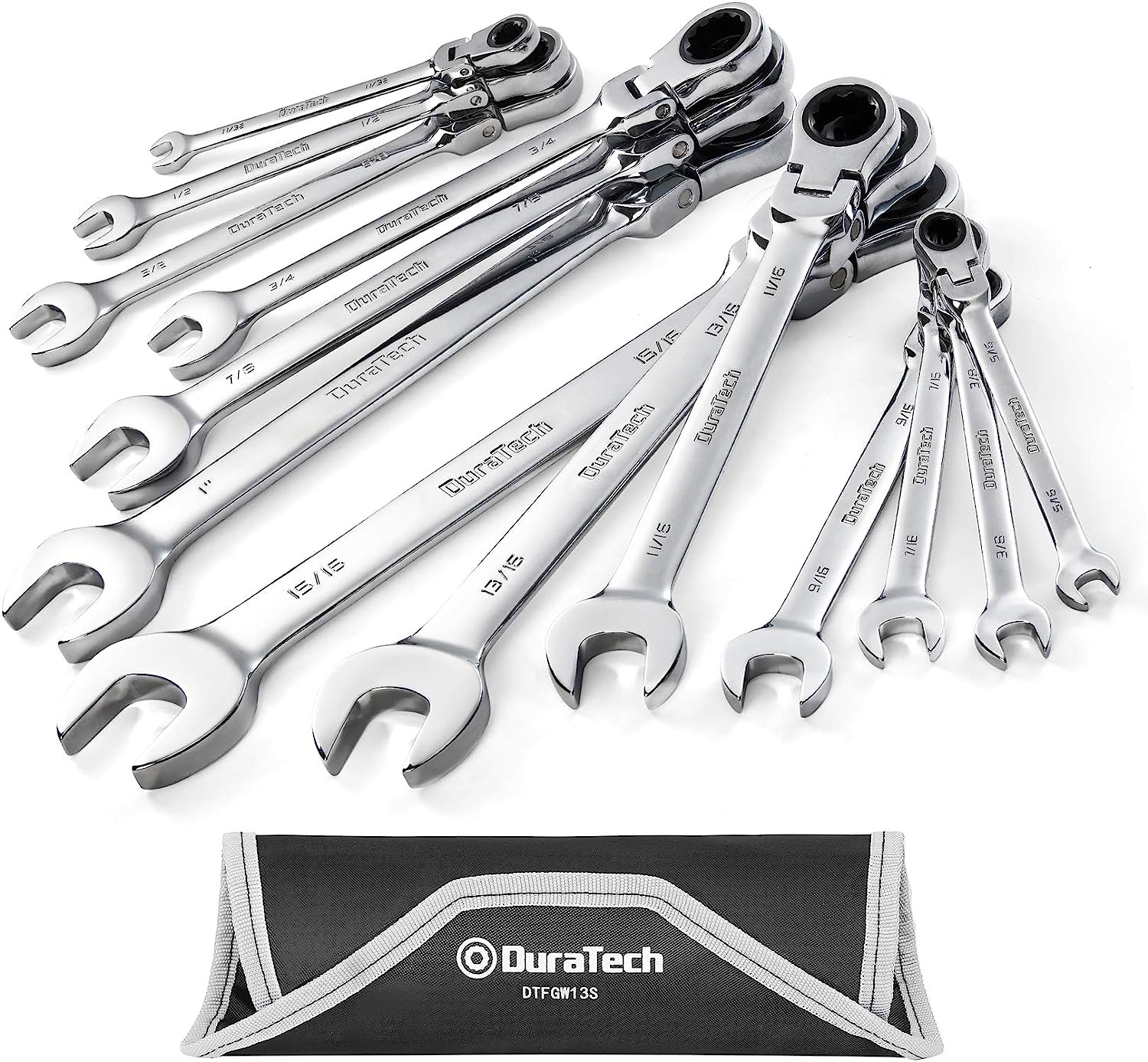 DURATECH Flex-Head Ratcheting Combination Wrench Set. SAE. 13-piece. 5/16” to 1”. CR-V Steel. with Rolling Pouch