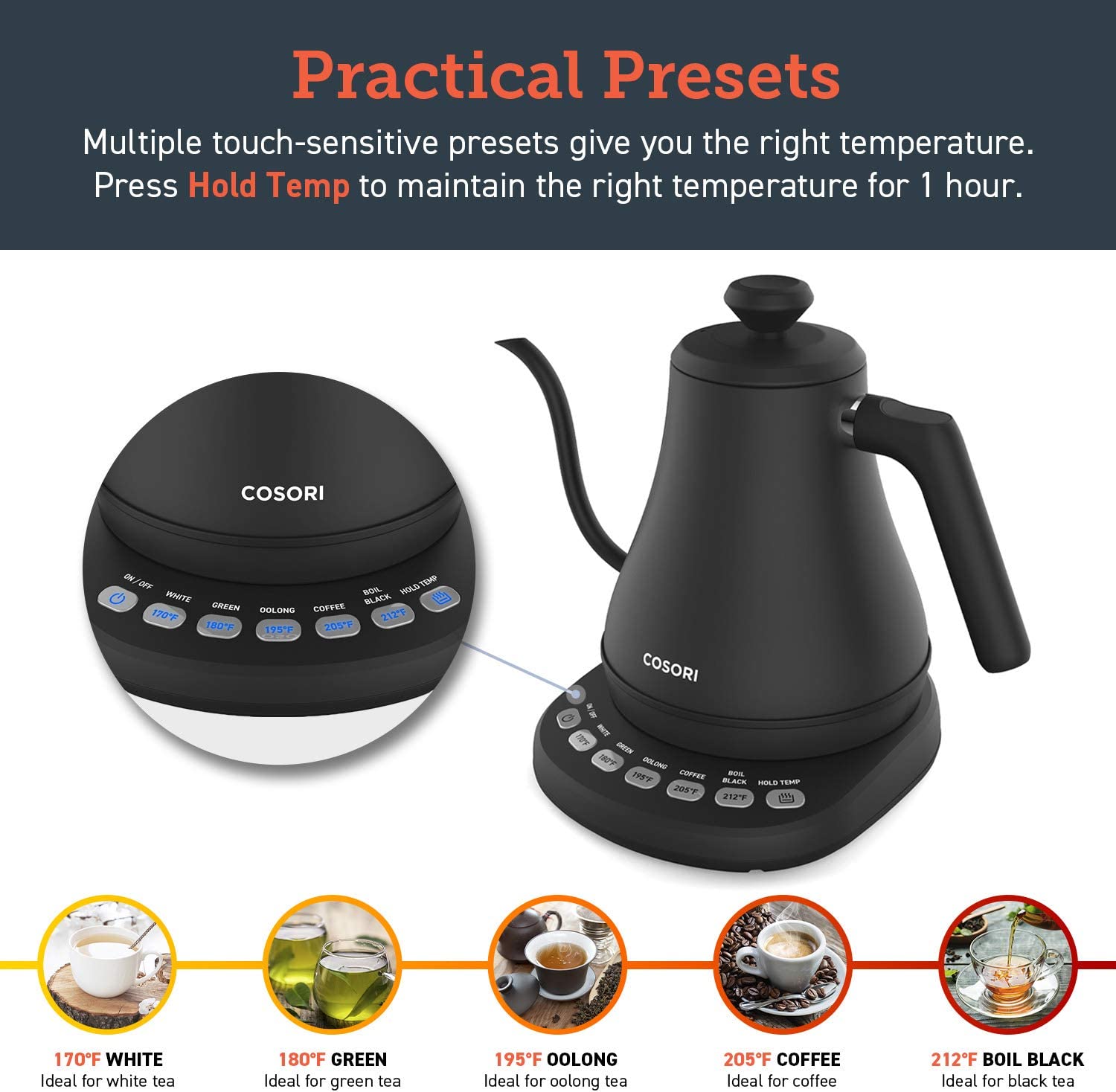 COSORI CO108-NK Electric Kettle Gooseneck with Temperature Control. 5 Presets Electric Tea Kettle & Pour Over Coffee Kettle. Stainless Steel. Ultra Fast. Auto Shutoff Boil-Dry Protection. 0.8L. Matte Black