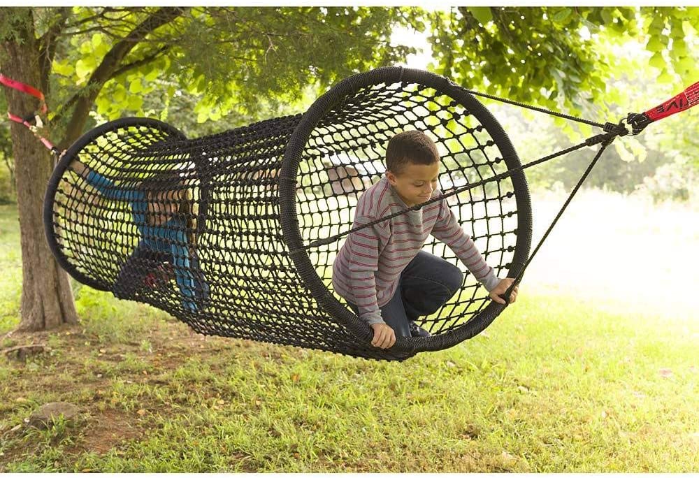 HearthSong 6-Foot Weather-Resistant Hanging Woven Rope Tunnel Bridge for Kids. Holds Up to 400 Lbs. Black
