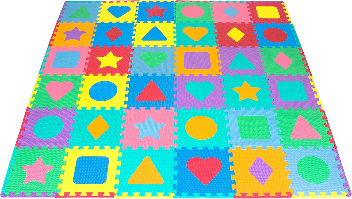 ProSource Kids Foam Puzzle Floor Play Mat with Shapes & Colors 36 Tiles. 12″x12″ and 24 Borders